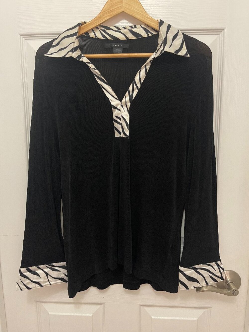 Kiara Long Sleeve V-Neck Blouse Black White Zebra Accent XL